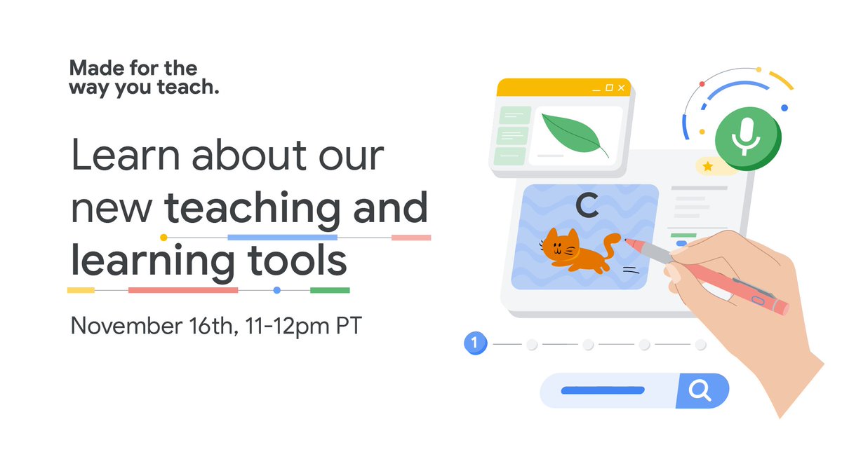 GoogleForEdu's tweet image. Register now for our Made for the Way You Teach event on Nov. 16 🗓️. Join us for a demo-packed hour exploring how our #GoogleWorkspaceEdu tools empower educators & streamline tasks giving you more time for what matters - teaching! 📚 goo.gle/3MJNvGX