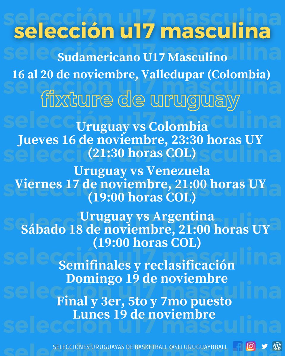 Este jueves comienza el #SudamericanoU17Masculino en Valledupar, Colombia. Este es el fixture que tiene Uruguay en la fase de grupos del certamen.