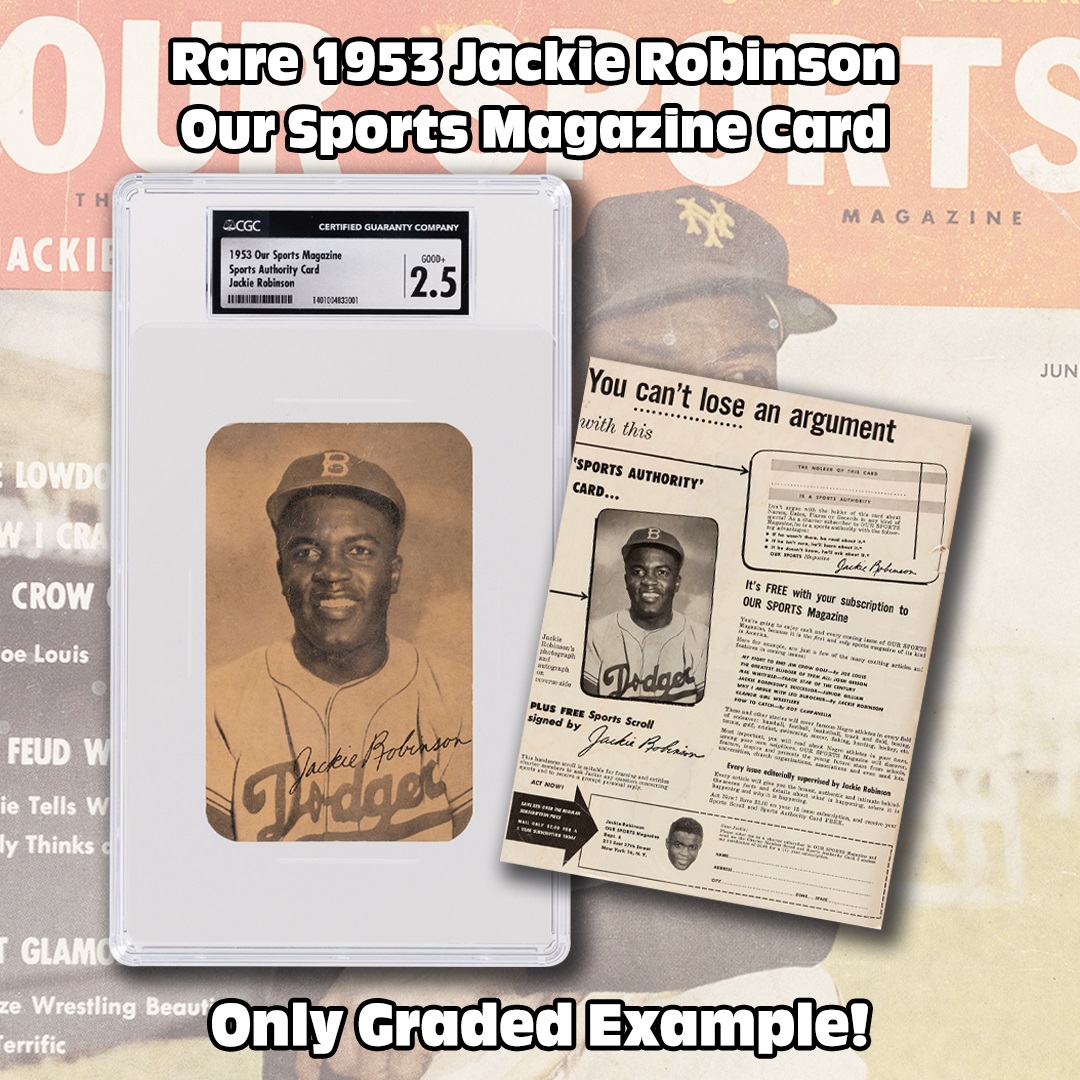 HakesAuctions's tweet photo. Bidding on this #rare 1953 #OurSports Magazine Sports Authority Card featuring #JackieRobinson ends tonight at Hake's! This @CGCCards graded example is the only one of its kind to be graded by any company! https://t.co/6HesRzFrFg
#baseball #baseballcards #sportscards #collector https://t.co/TJTm3HKEu8
