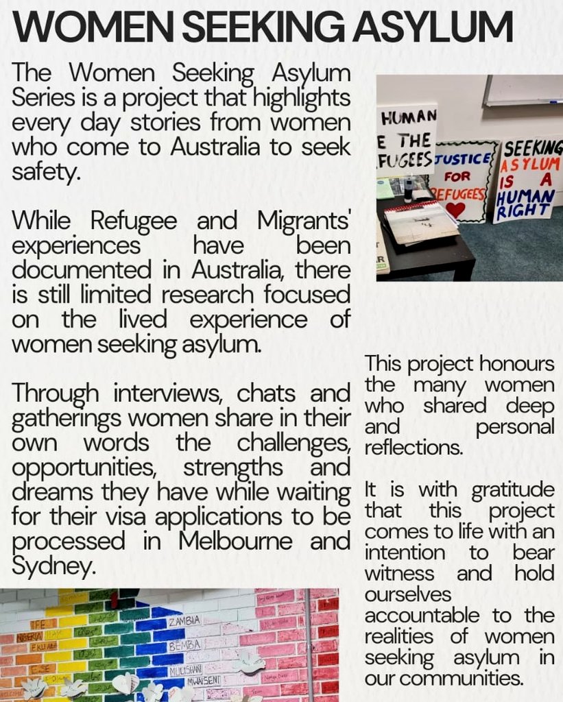 Women Seeking Asylum Series is part of a PhD project and highlights every day stories from women who come to Australia to seek safety.

This project aims to raise awareness and  bear witness  to the realities of women seeking asylum in communities. 
#WomenSeekingAsylum #refugees