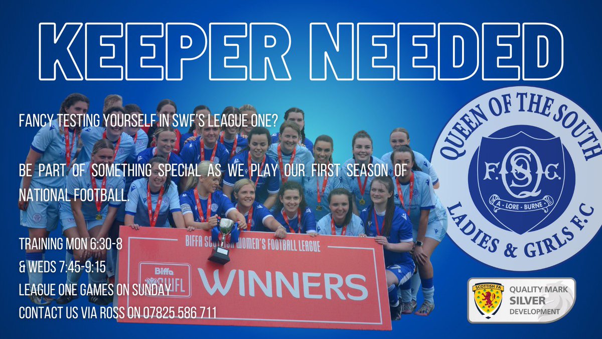 Our ladies team are looking for a new keeper following our promotion to League 1