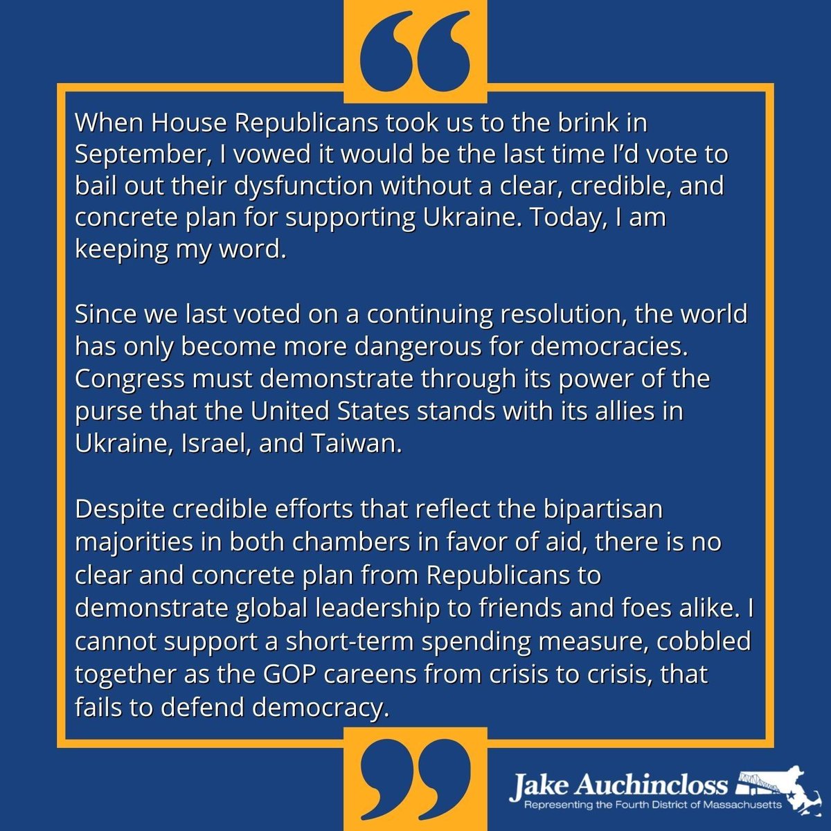 When House Republicans took us to the brink in September, I vowed it would be the last time I’d vote to bail out their dysfunction without a clear, credible, and concrete plan for supporting Ukraine. Today, I am keeping my word. Full statement ⬇️