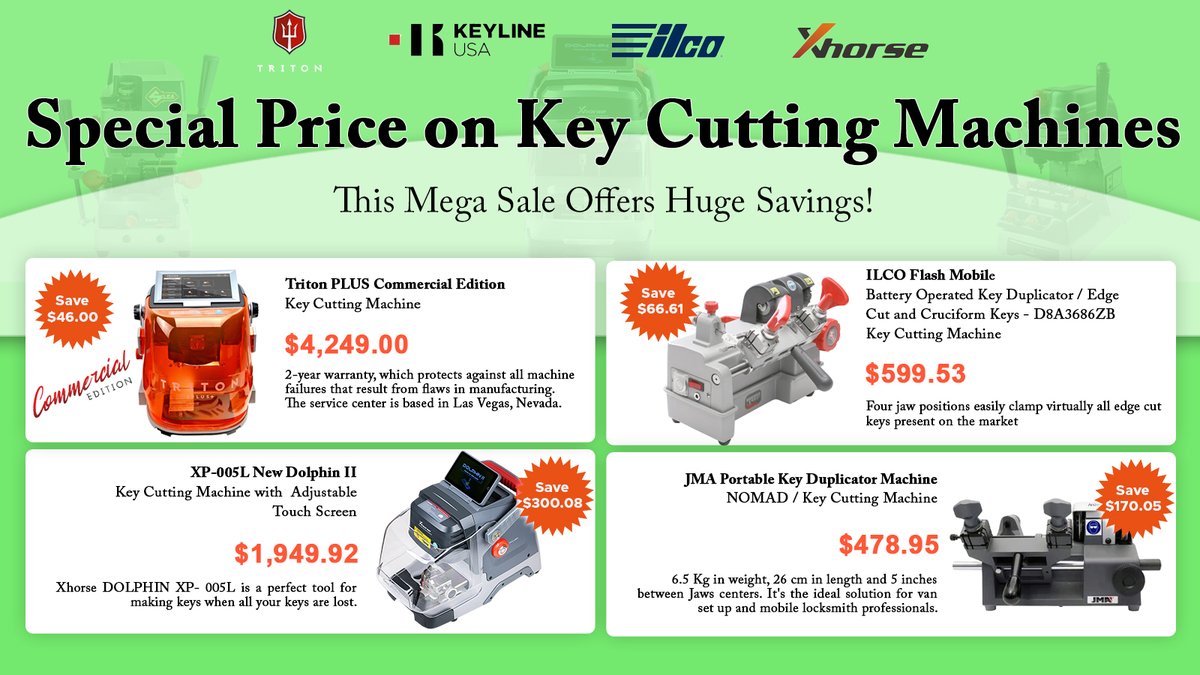LksmithKeyless's tweet image. Limited-time sale on all best sellers 
locksmithkeyless.com/collections/de…
#LockPicksDecoders #KeyFobs #UniversalRemotes #TransponderKeys
#RemoteKeyShells #EmergencyKeys #Programmers #KeyMachines #MachineBundles #Accessories
#TransponderChips #LocksmithTools #ResidentialCommercialLocks