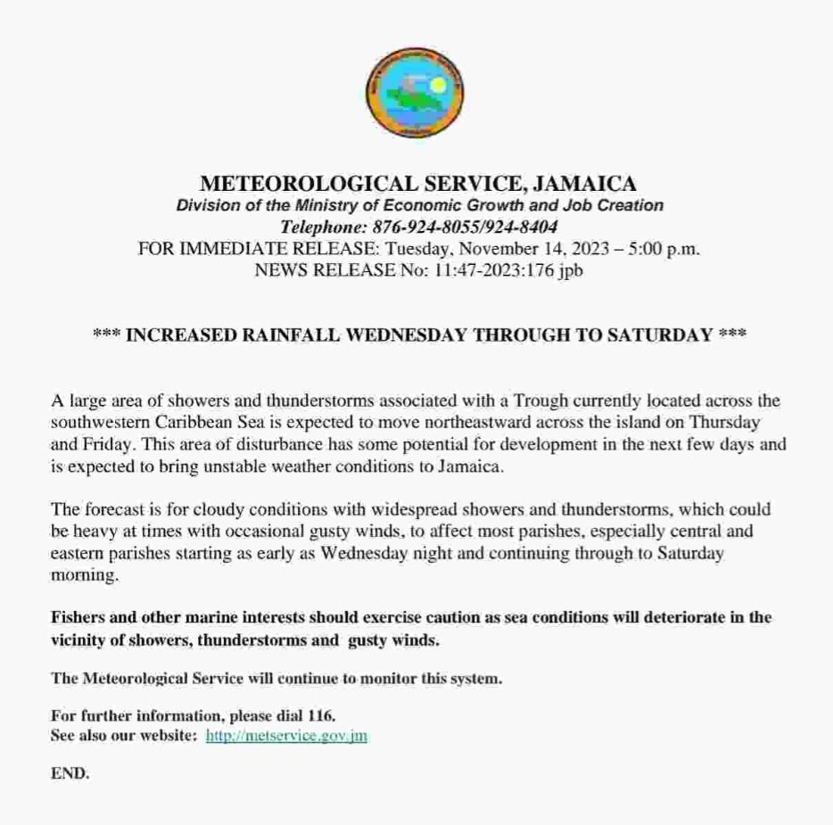 MetserviceJA's tweet image. Showers and thunderstorms associated with a Trough over the southwestern Caribbean Sea is expected to move northeastward across on Thursday and Friday.
@megjc_jm @odp