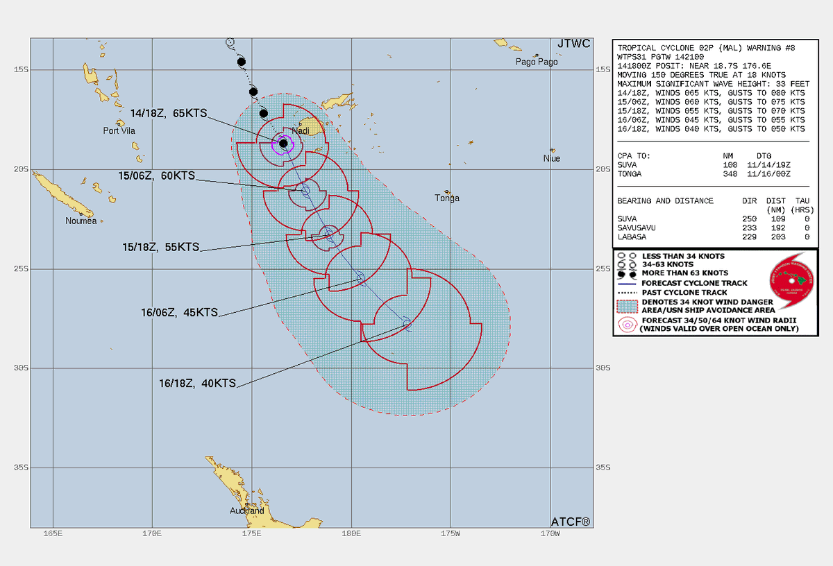 LimWeather's tweet photo. 75mph C1 SSHWS #Mal, to peak now at Cat 3 Aus Scale #Cyclone, by close passage W of #Fiji at peak intensity
Life threatening #Flooding rains/#Mudslide impacts are likely in places like #Suva and #Nadi and mountainous areas inland
#Wxtwitter #Tropicswx #CycloneMal #02F https://t.co/7uyrVL6T4s