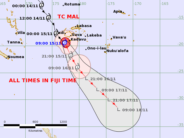 LimWeather's tweet photo. 75mph C1 SSHWS #Mal, to peak now at Cat 3 Aus Scale #Cyclone, by close passage W of #Fiji at peak intensity
Life threatening #Flooding rains/#Mudslide impacts are likely in places like #Suva and #Nadi and mountainous areas inland
#Wxtwitter #Tropicswx #CycloneMal #02F https://t.co/7uyrVL6T4s