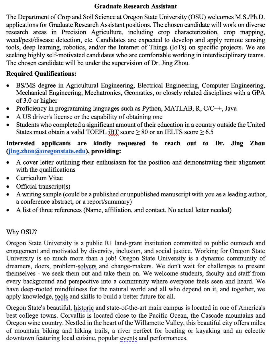 We are looking for M.S./Ph.D. students to work on #PrecisionAg projects in Oregon State University. Positions start as early as 2024 spring. See details below👇 Please RT &amp; spread the word! #PhDposition #PhD #hiring