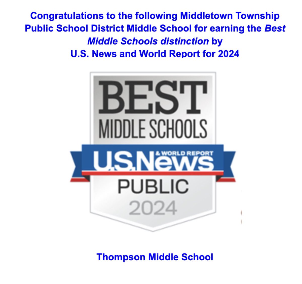 Congratulations to Thompson Middle School on being recognized as a top Middle School in NJ by U.S. News and World Report! <a href="/MTPSpride/">Middletown Township Public Schools</a> <a href="/Frank_Cap1_BOE/">Frank Capone</a> <a href="/ThompsonMSpride/">Brian Currie</a>