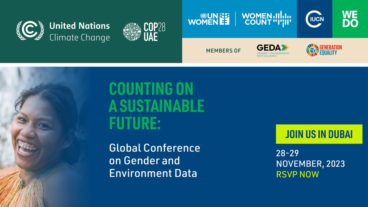 Will you be in Dubai for #COP28? Join our global conference to explore the nexus between #gender and #environment, and the key role global gender #data has to play in gender-responsive #ClimateAction. RSVP now to attend in person or livestream the event: gender.pub/cop28genderdata