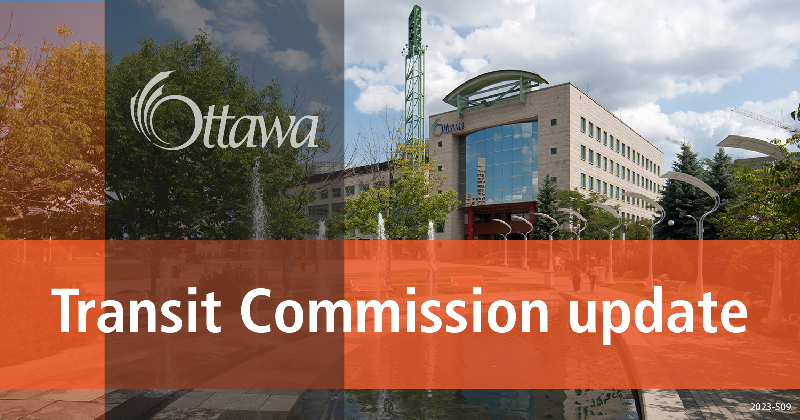 A graphic with Ottawa City Hall is in the background. A vertical grey stripe and a horizontal orange stripe are in the foreground with "Transit Commission update" in the centre.