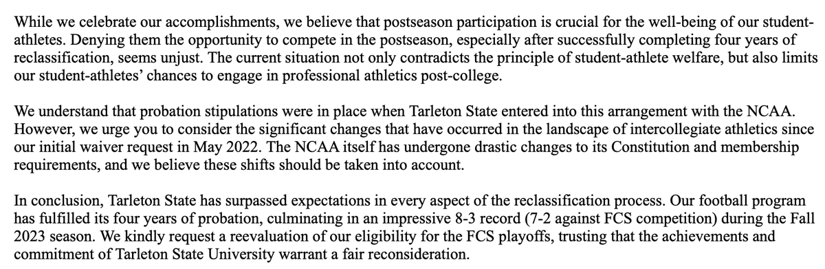 PeteThamel's tweet photo. We are in the throes of postseason NCAA waiver season. JMU is expected to get an answer this week. In FCS, Tarleton State is requesting a reconsideration of its status for the FCS playoffs. The school sent a letter to the NCAA on Monday, which includes this reasoning: https://t.co/sXB6nb68yh