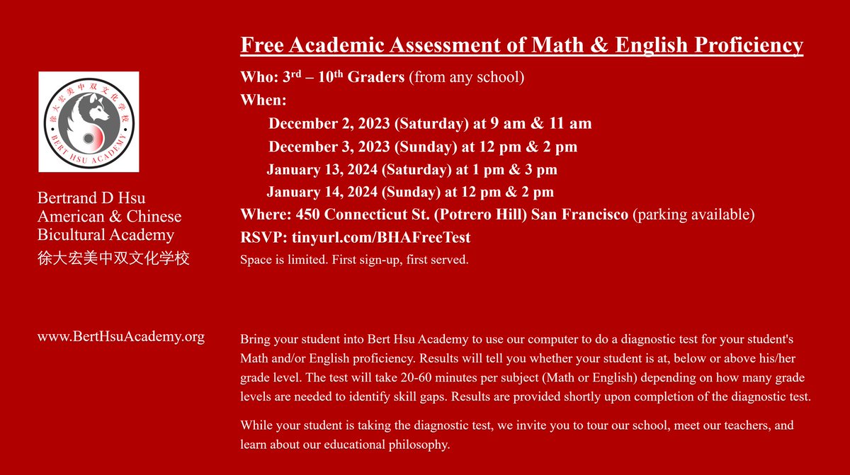 Pandemic learning loss is real. Grade inflation is real. We at BHA have quantified the learning loss and created a plan for each of our students to catch-up and then move forward. SFUSD needs to do the same!
BertHsuAcademy.org/news
tinyurl.com/BHAFreeTest
