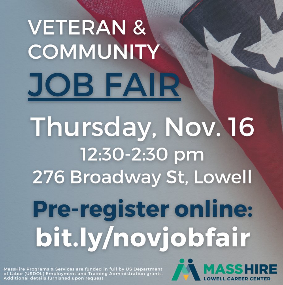 City of Lowell, MA (@cityoflowellma) on Twitter photo Pre-register today for this Thursday's <a href="/MassHireLowell/">MassHire Lowell Career Center</a> Veteran & Community Job Fair: bit.ly/novjobfair
🗓️ Thursday, November 16
⏰ 12:30-2:30PM
📍Lowell Senior Center, 276 Broadway Pre-register today for this Thursday's <a href="/MassHireLowell/">MassHire Lowell Career Center</a> Veteran & Community Job Fair: bit.ly/novjobfair
🗓️ Thursday, November 16
⏰ 12:30-2:30PM
📍Lowell Senior Center, 276 Broadway