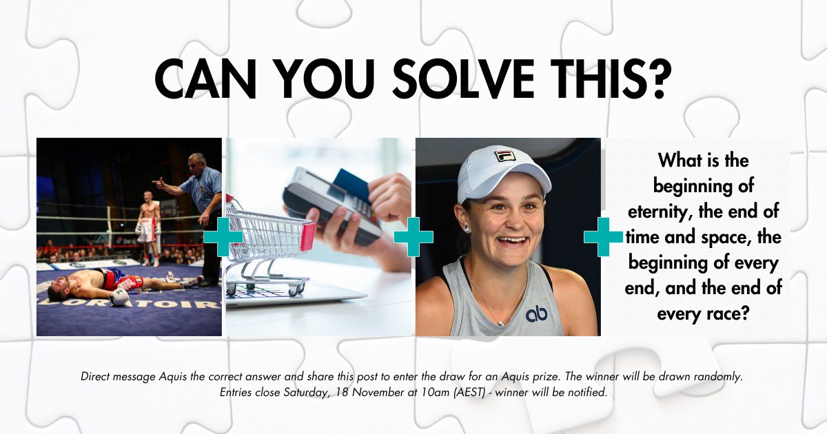 🧩 CAN YOU SOLVE THIS?

💬 Direct message Aquis the correct answer and share this post to enter the draw for an Aquis prize. 

🏅 The winner will be drawn randomly.
Entries close Saturday, 18 November at 10am (AEST) - winner will be notified.