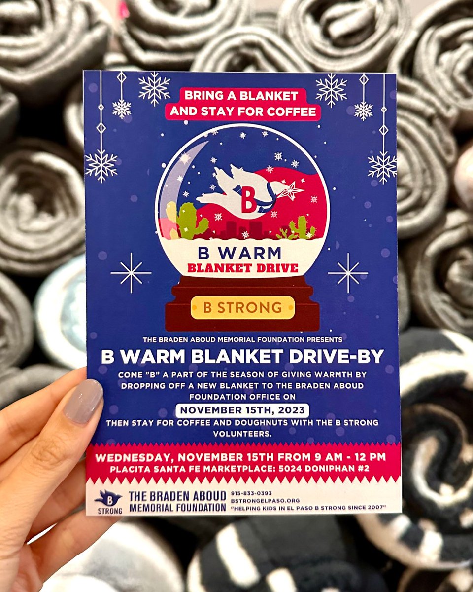 Come spend your Wednesday morning with the #BSTRONG team at our Foundation office for the #BWARM Blanket Drive By!

Visit us tomorrow to drop off new blanket donations and stay for coffee and chat with volunteers helping us help El Paso "B" warm this winter season.

See you soon!