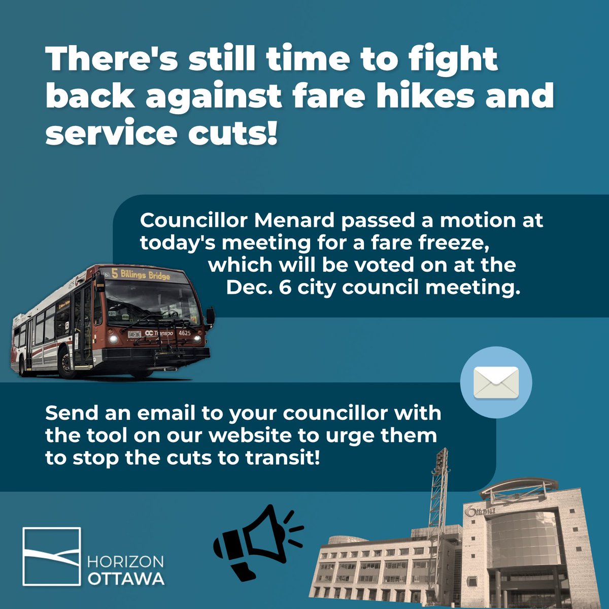 Members of the Transit Commission voted today to recommend that City Council approve more austerity and its consequences - cuts to service and a fare hike. Fight back against transit cuts by sending an email to your councillor: horizonottawa.ca/transit_demand…