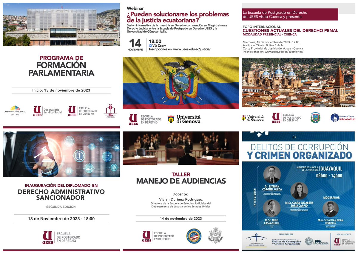 📢 Con ustedes nuestros eventos académicos de esta semana. ⚪️ @IeelEcuador / @AsambleaEcuador ⚪️ @UniGenova 🇮🇹 ⚪️ @ColAbogAzuay ⚪️ @USembassyEC 🇺🇸 ⚪️ @AcademiaDdc / @CorteGuayas Somos la Escuela de Postgrado en Derecho de @uees_ec 🇪🇨 #EscuelaDerechoUEES