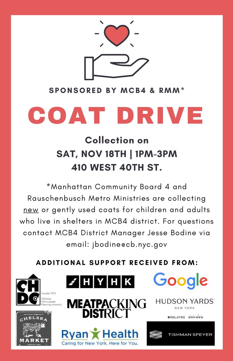 As the days get colder, we need to help make sure neighbors stay warm. Come help out our community this Saturday, November 18th, by donating at the CB4 &amp; Rauschenbusch Metro Ministries coat drive at 410 W 40th St from 1pm-3pm! Sign up with the link below! bit.ly/Coat-Drive