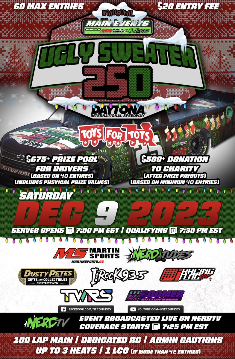 jrock_912's tweet photo. Ready to do something FUN this holiday season for a GREAT cause? Sign-up NOW for the inaugural Ugly Sweater 250 at Daytona on iRacing! Letβs make it the BIGGEST holiday iRacing event EVER! Link below! πππ
#iRacing #SimRacing #eNASCAR #NASCAR #NERDitudes #NERDTV #ToysforTots https://t.co/gBKIMDZM4y