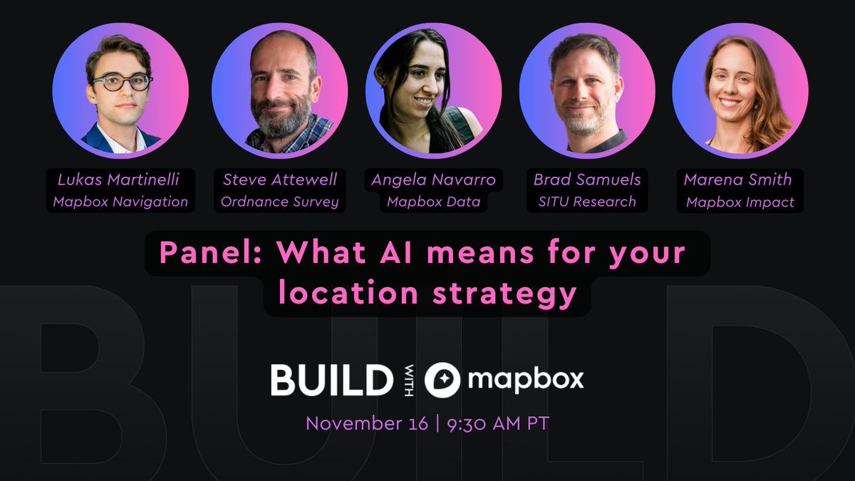 AI is a hot topic everywhere these days - and the geo world is no exception! 🤖 🗺️ 

Join us this Thursday at 'BUILD with Mapbox' for a live panel discussion about the opportunities of AI + Location Tech. 

RSVP 👉 buff.ly/3Dqe9iU

#AI #LocationTech #LocationIntelligence