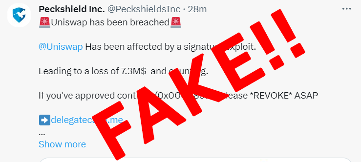 Vitalik's Legion (@vitalikslegion) on Twitter photo WARNING!! Scammers are using the hashtag #UniswapDEXExploit to dupe users into accessing a fake <a href="/RevokeCash/">Revoke.cash</a> website
!ALWAYS BE VIGILANT! WARNING!! Scammers are using the hashtag #UniswapDEXExploit to dupe users into accessing a fake <a href="/RevokeCash/">Revoke.cash</a> website
!ALWAYS BE VIGILANT!