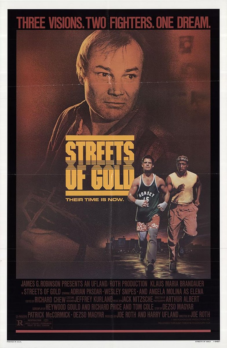 podcastAll80s's tweet photo. "3 visions. 2 fighters. 1 dream. Their time is now." 'Streets of Gold' starring Klaus Maria Brandauer, Wesley Snipes &amp; Adrian Pasdar was released on this day in 1986. #80sMovies #StreetsofGold https://t.co/WbTOejMXYS