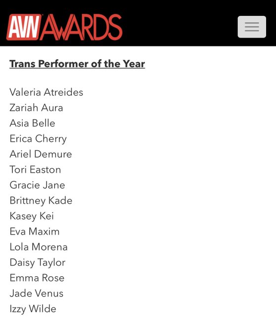 Thank you @avn for nominating me for &ldquo;Trans Performer of the Year&rdquo;! As well as my @GroobyGirls feature<a class="tags" target="_blank" title="On Twitter" href="/?out=eyJ0eXAiOiJKV1QiLCJhbGciOiJIUzUxMiJ9.eyJpYXQiOjE3MjA4Mjg3ODYsImlzcyI6InR3cG9ybnN0YXJzLmNvbSIsIm5iZiI6MTcyMDgyODc4NiwiZXhwIjoxNzUyMzY0Nzg2LCJyZWRpcmVjdF91cmwiOiJodHRwczovL3R3aXR0ZXIuY29tL2F2biJ9.-xG99CS49P-dpYr6OjP7uWeveDo6uYK9ts1L-saMN6tkAKSAVtnULKJGdz3HdLcoQs8d6OcWq7KE-Rrd5WFqqw">@avn</a><a href="/tag/mvsales"class="tags"><span>#mvsales</span></a>