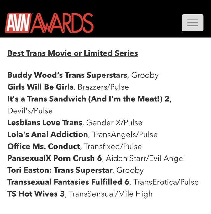 Thank you @avn for nominating me for &ldquo;Trans Performer of the Year&rdquo;! As well as my @GroobyGirls feature<a class="tags" target="_blank" title="On Twitter" href="/?out=eyJ0eXAiOiJKV1QiLCJhbGciOiJIUzUxMiJ9.eyJpYXQiOjE3MjA4Mjg3ODYsImlzcyI6InR3cG9ybnN0YXJzLmNvbSIsIm5iZiI6MTcyMDgyODc4NiwiZXhwIjoxNzUyMzY0Nzg2LCJyZWRpcmVjdF91cmwiOiJodHRwczovL3R3aXR0ZXIuY29tL2F2biJ9.-xG99CS49P-dpYr6OjP7uWeveDo6uYK9ts1L-saMN6tkAKSAVtnULKJGdz3HdLcoQs8d6OcWq7KE-Rrd5WFqqw">@avn</a><a href="/tag/mvsales"class="tags"><span>#mvsales</span></a>