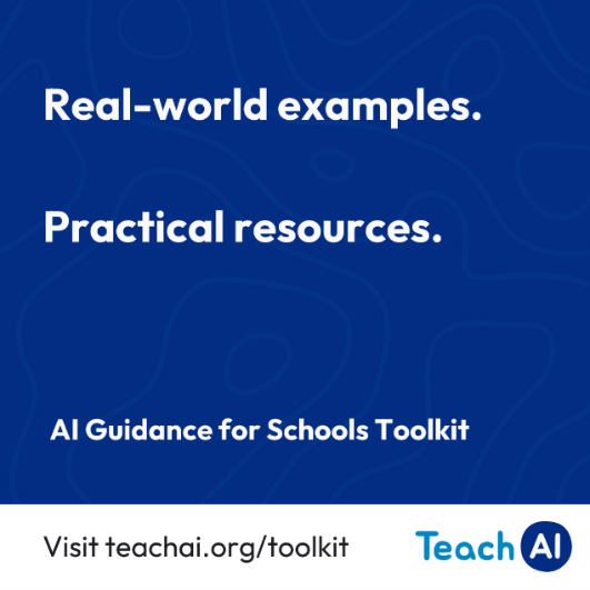 Ready to bring #AI in your school? Check out the new AI Guidance for Schools Toolkit from #TeachAI 🎉.

This practical resource provides guiding principles, real-world policy examples, and sample language.

Learn more at aka.ms/TeachAIToolkit