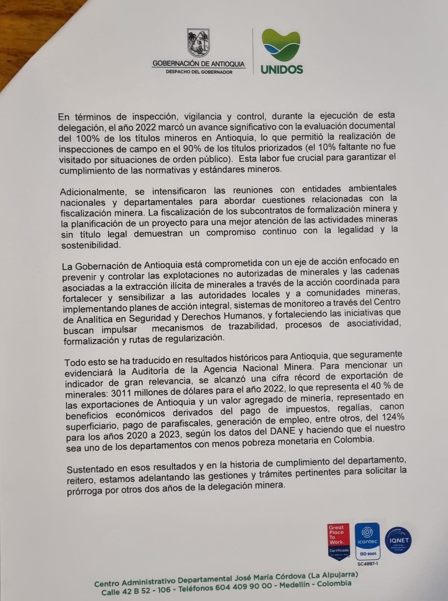 anibalgaviria's tweet photo. Tuve la oportunidad de hablar telefónicamente con el gobernador electo Andrés Julián Rendón (@AndresJRendonC) y expresarle el compromiso total de nuestro gobierno con justo propósito de la prórroga de nuestra delegación minera. Aquí la carta de los argumentos que compartí con él. https://t.co/VyNvCyXFNH