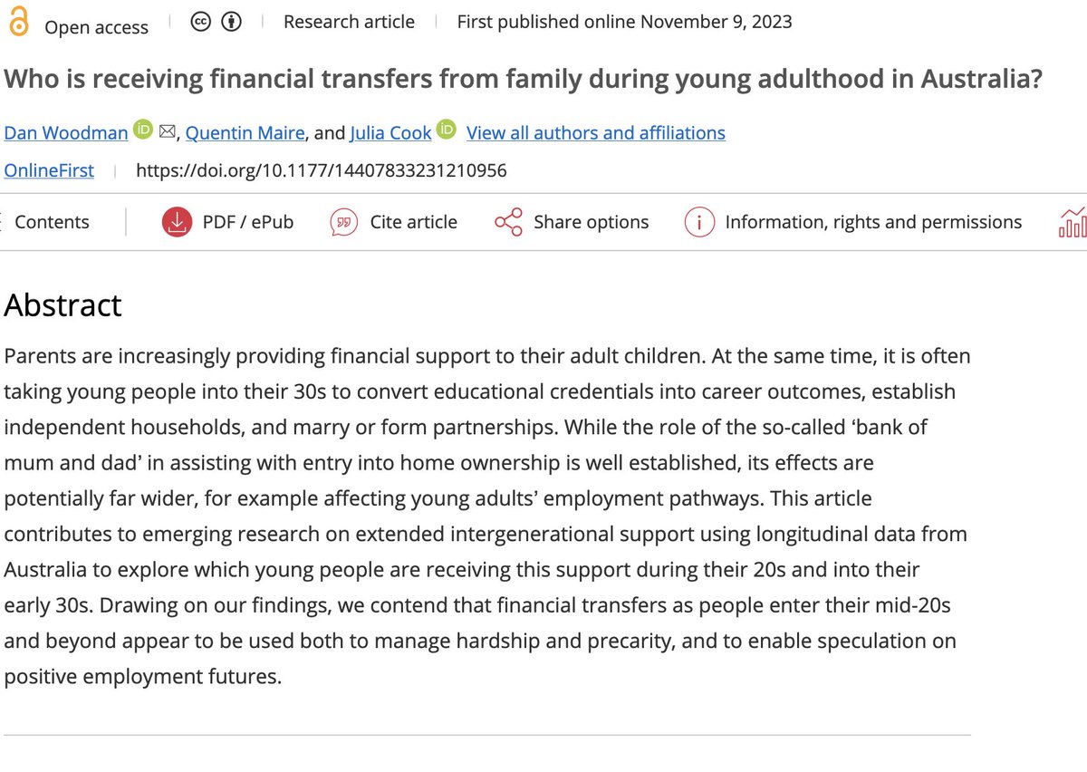 New paper with @qtmaire & @julia_anne_cook in @JSociology. We look at which young adults receive financial transfers from family. It's not just about houses. Some transfers are to reduce precarity, others to pursue high reward but speculative futures. doi.org/10.1177/144078…