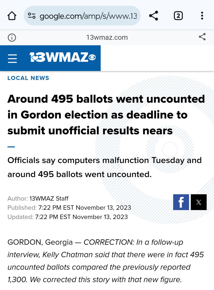 Developing Story: Voting machines in last week's Gordon, GA City Council race fail to count 495 votes of only 2,100 total votes and flips winners. If these reported numbers are accurate that means they failed to count 24% of the votes. google.com/amp/s/www.13wm…