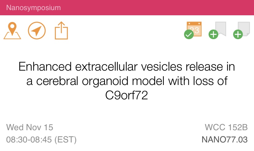 If you have energy left, consider starting the last day of #SfN2023 by listening to my talk about extracellular vesicles and cerebral organoids in C9orf72-ALS/FTD! 👩🏻‍🔬🧠