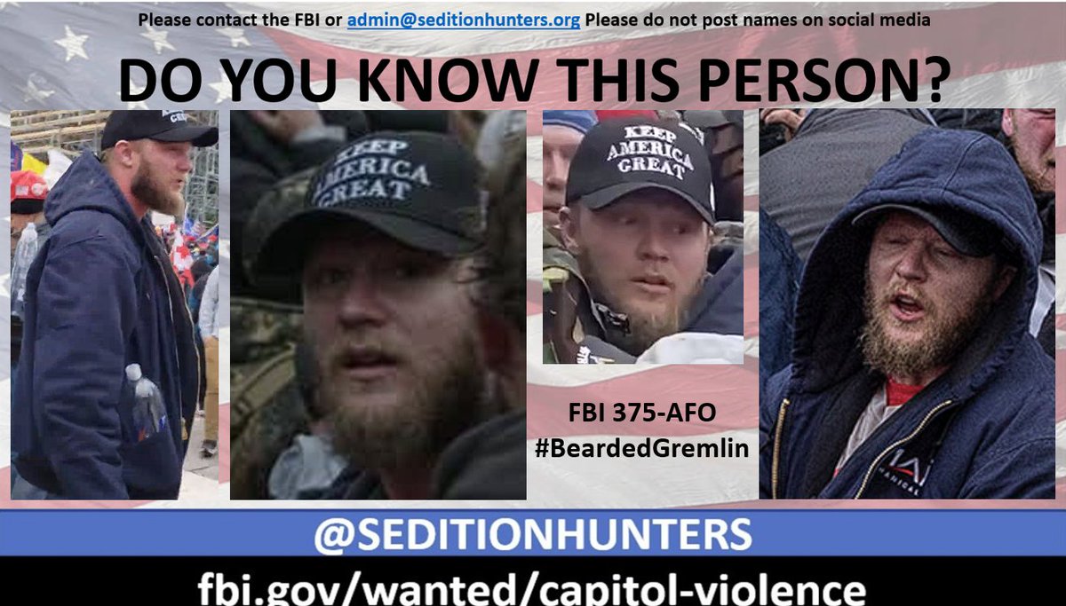Please share across all platforms. Do you Know this man?? Please contact the FBI with 375-AFO tips.fbi.gov or contact us at admin@seditionhunters.org Please do not post names on social media #BeardedGremlin