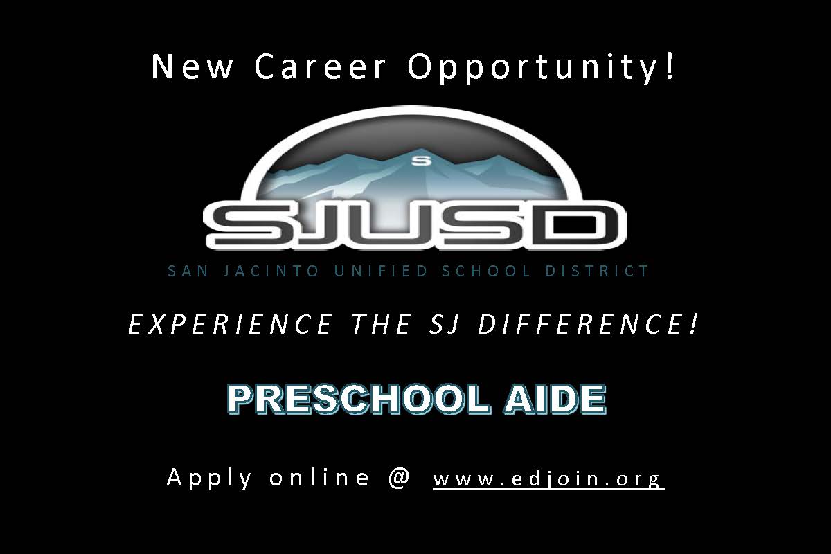 SJUSD is seeking a Preschool Instructional Aide, (Head Start, 37.5 hours/week), <a href="/Preschoolta/">SJUSD Preschool</a>
APPLY ONLINE! 
edjo.in/1864861 #EDJOIN #GetAJob