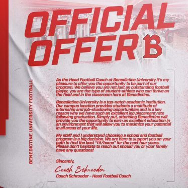 Jacob Schliem (@jacobschliem3) on Twitter photo I am extremely blessed to announce that I have received an offer to play football at Benedictine University!! <a href="/BenUFootball/">Benedictine Football</a> <a href="/BenUEagles1887/">Benedictine Athletics</a> <a href="/Coach_Kav/">JJ Kavanaugh</a> <a href="/CoachTMcCormick/">Tanner McCormick</a> I am extremely blessed to announce that I have received an offer to play football at Benedictine University!! <a href="/BenUFootball/">Benedictine Football</a> <a href="/BenUEagles1887/">Benedictine Athletics</a> <a href="/Coach_Kav/">JJ Kavanaugh</a> <a href="/CoachTMcCormick/">Tanner McCormick</a>