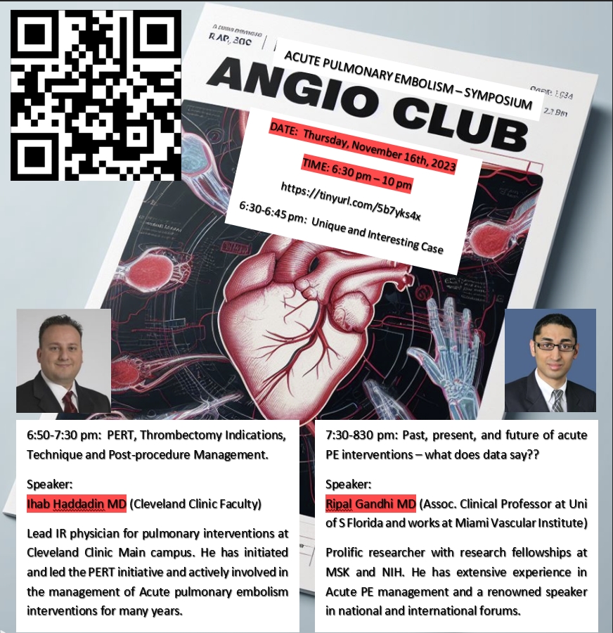 SIRRFS's tweet image. Cleveland Clinic IR will be hosting the quarterly AngioClub! 

Open to VIR trainees and faculty. Moderated by Dr. Sameer Gadani with speakers Drs. Ihab Haddadin and Ripal Gandhi. 

Join us this Thurs @ 6:30pm: tinyurl.com/5b7yks4x

#IRad #MedEd #iradres
