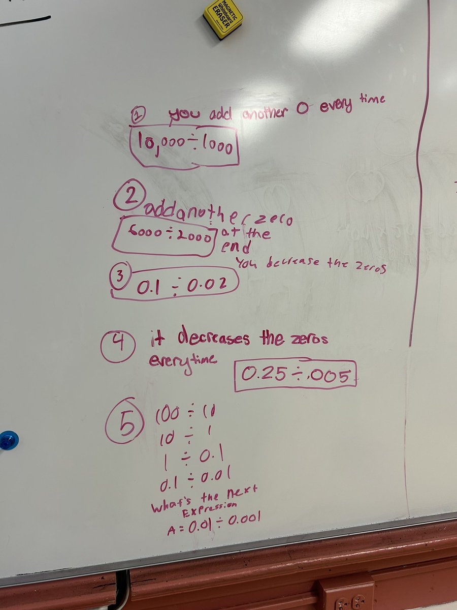 staci_durnin's tweet photo. Noticing patterns in decimal division expressions. #Mineolaproud of the Ss discussions, use of vocabulary and collaboration. #BuildingThinkingClassrooms #randomgroups #onemarker https://t.co/RCH9CHMSmq