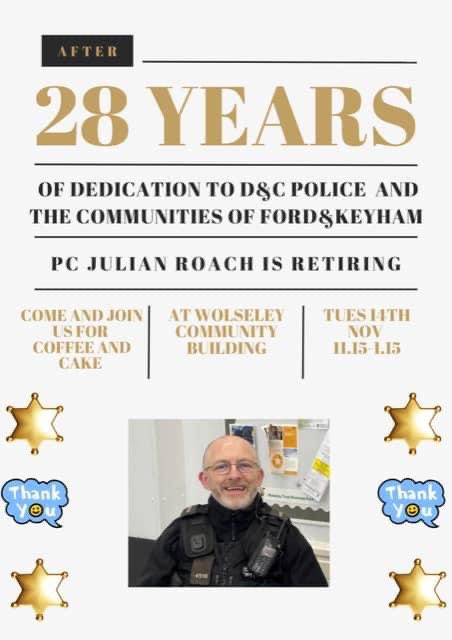 A big thankyou to everybody who came to say goodbye to our Neighbourhood Beat Manager PC Julian Roach today, as he finally hangs up his police hat and begins his well earned retirement.  Over 28 years with Devon and Cornwall Police and 15 years supporting the communities of
