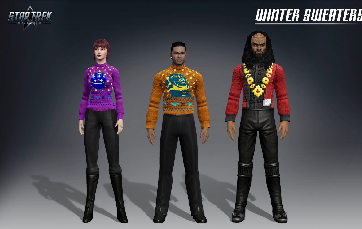 trekonlinewiki's tweet photo. From Tonight's #TenForwardWeekly, a tease of Q's Winter Wonderland 2023! New Winter sweaters, from left to right: Kayshon (from Lower Decks), a Darmok-themed sweater, and Q's Robes! https://t.co/hmZCuwxnX6