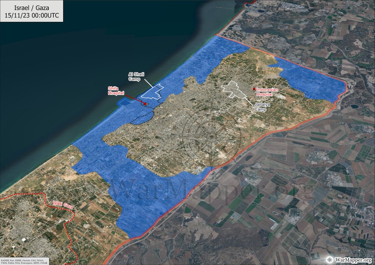War_Mapper's tweet photo. #Gaza map update

The #IDF have commenced an operation within part of the Shifa hospital after completing an encirclement of the building complex.

#Israel have also secured the Al Shati camp, therefore linking their northern and southern advances. https://t.co/IhLDpc2ieJ