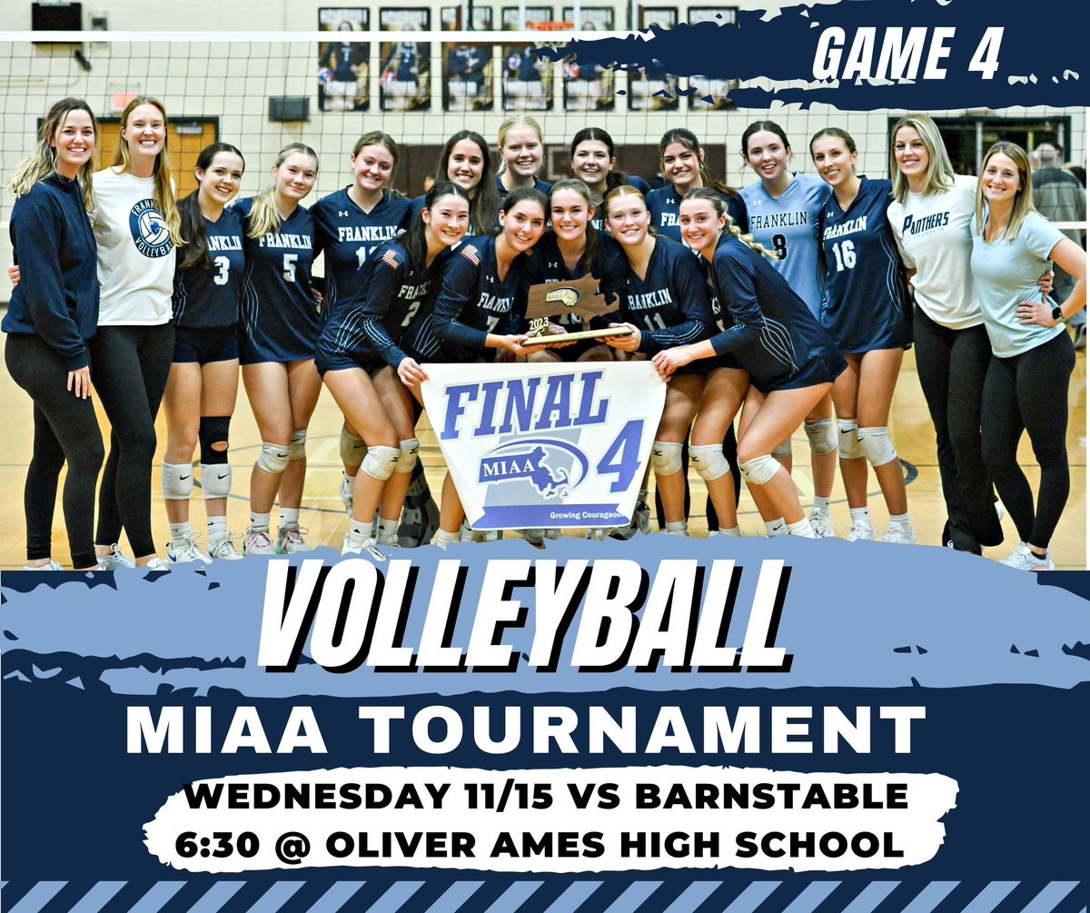 Come cheer on <a href="/Franklin_VBall/">FHS Panthers VBall</a> tomorrow, Wednesday 11/15 as they take on Barnstable in the D1 Semifinals! 
Game time: 6:30 at Oliver Ames HS! 
Let’s go Panthers! 
🏐🎉👏🏐🎉👏