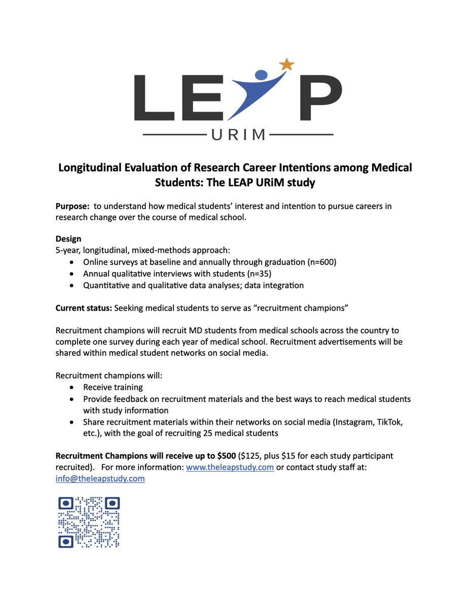 NEW JOB OPPORTUNITY 🌟 The LEAP-URiM study is looking for "student recruitment champions" for a longitudinal study of research career intentions among medical students.

Student recruitment champions are compensated up to $500 for their time! ⬇️