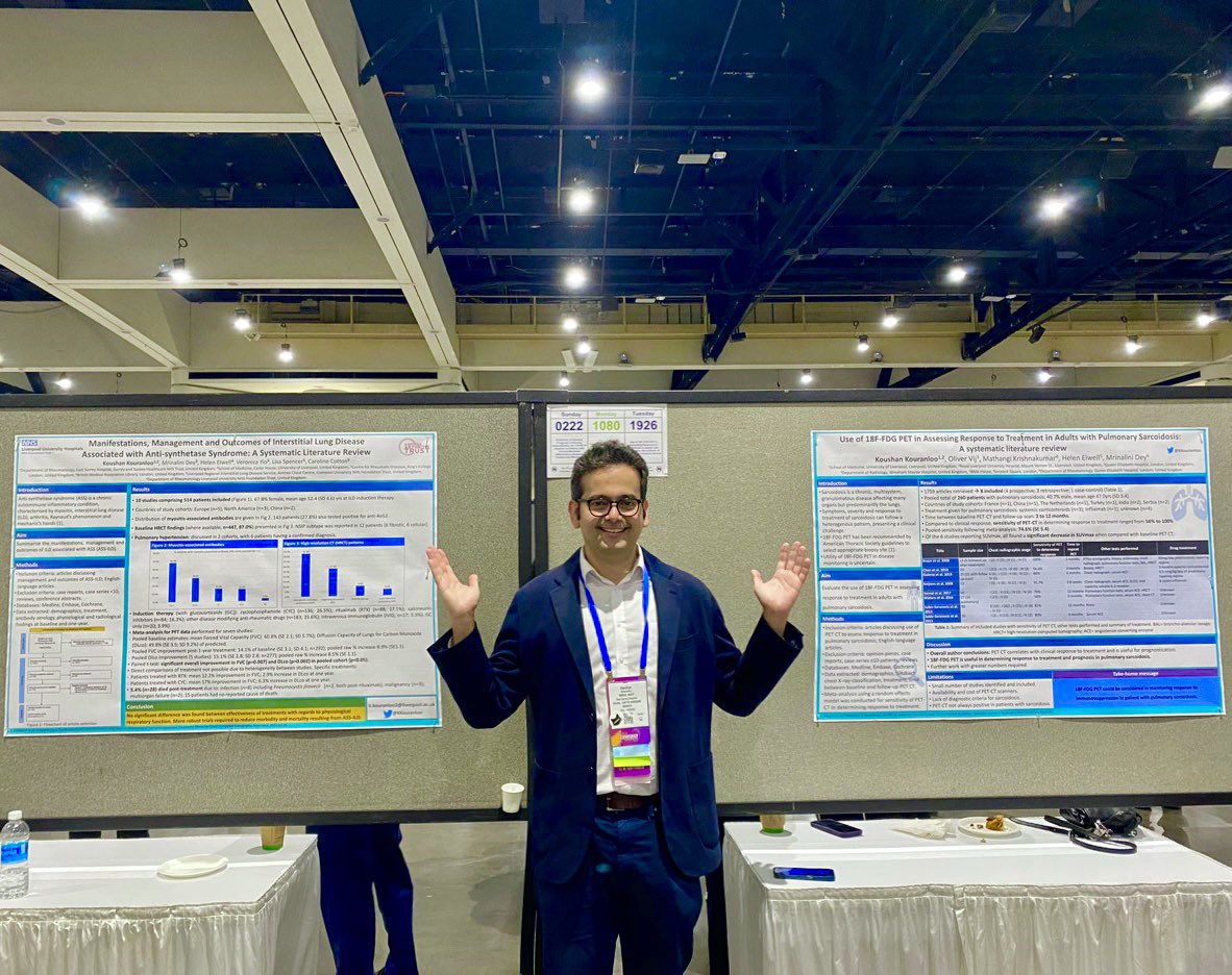 Delighted to have presented 2 posters at #ACR23

📌Management & outcomes of #ILD in #AntiSynthetaseSyndrome

📌Use of #PET in pulmonary #Sarcoidosis

Huge thanks to the supportive mentorship of Dr Caroline Cotton @Ca33a11 & @ACRheum for the opportunity!

@LivHospitals