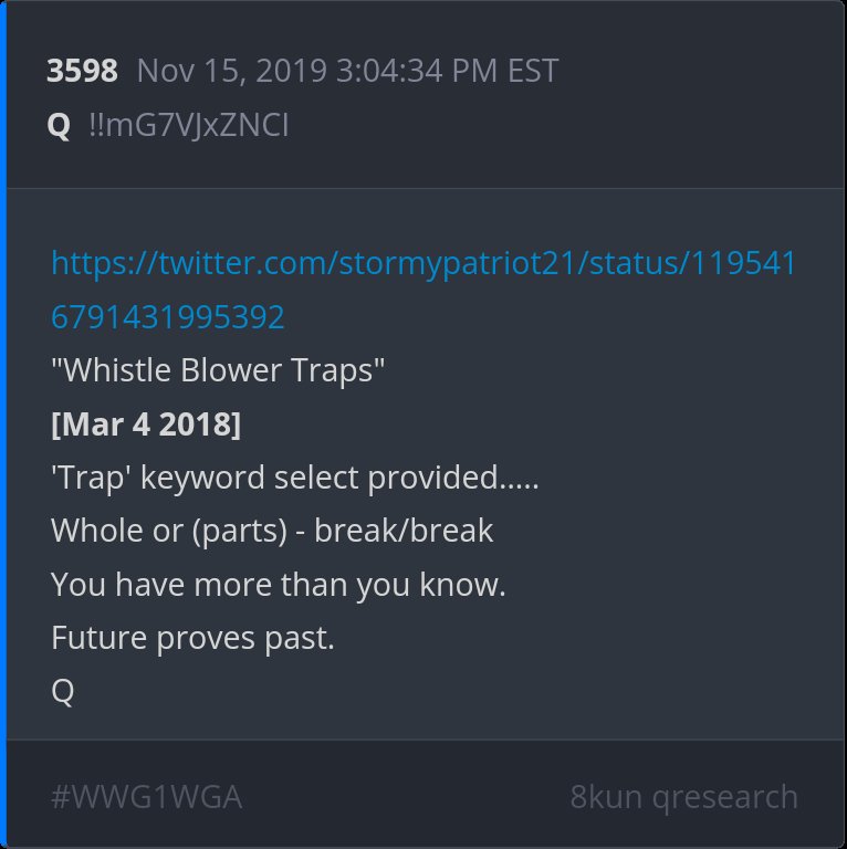 4 year Delta -
x.com/stormypatriot2…
'Whistle Blower Traps' [Mar 4 2018] 'Trap' keyword select provided….. Whole or (parts) - break/break You have more than you know. Future proves past.