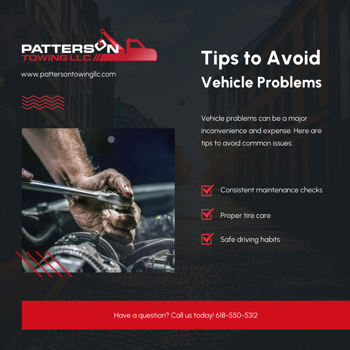 PattersonTowing's tweet photo. Stay on the road with ease! Follow these helpful tips to keep your vehicle in top shape, avoid common problems, and ensure a smooth ride for miles to come.

#VehicleProblems #CentrevilleIL #TowingServices https://t.co/ttRO8TPqM0