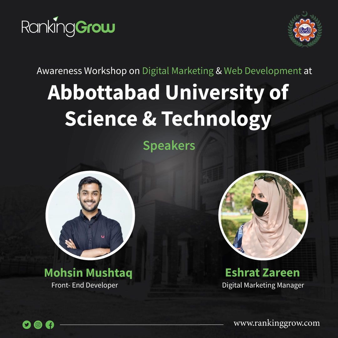 RankingGrow's tweet photo. We’re back with another workshop! 
RankingGrow is excited to announce an upcoming workshop focusing on two vital pillars of the digital world: web development and digital marketing!
The event will feature expert speakers Mohsin Mushtaq and Eshrat Zareen! https://t.co/HfZ1kXvQJ4