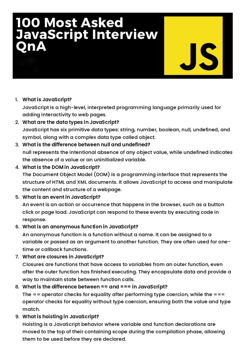 Ritika_kaurr's tweet image. 100 Most asked JavaScript questions for interview 🚀💻