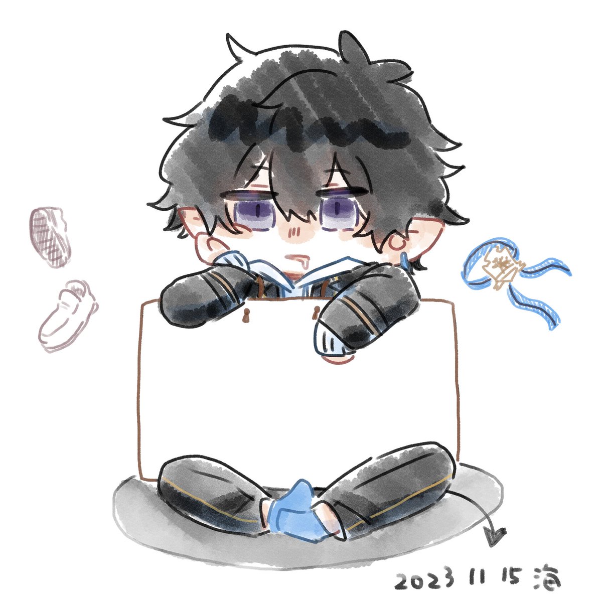 1boy male focus black hair pointy ears purple eyes solo chibi  illustration images
