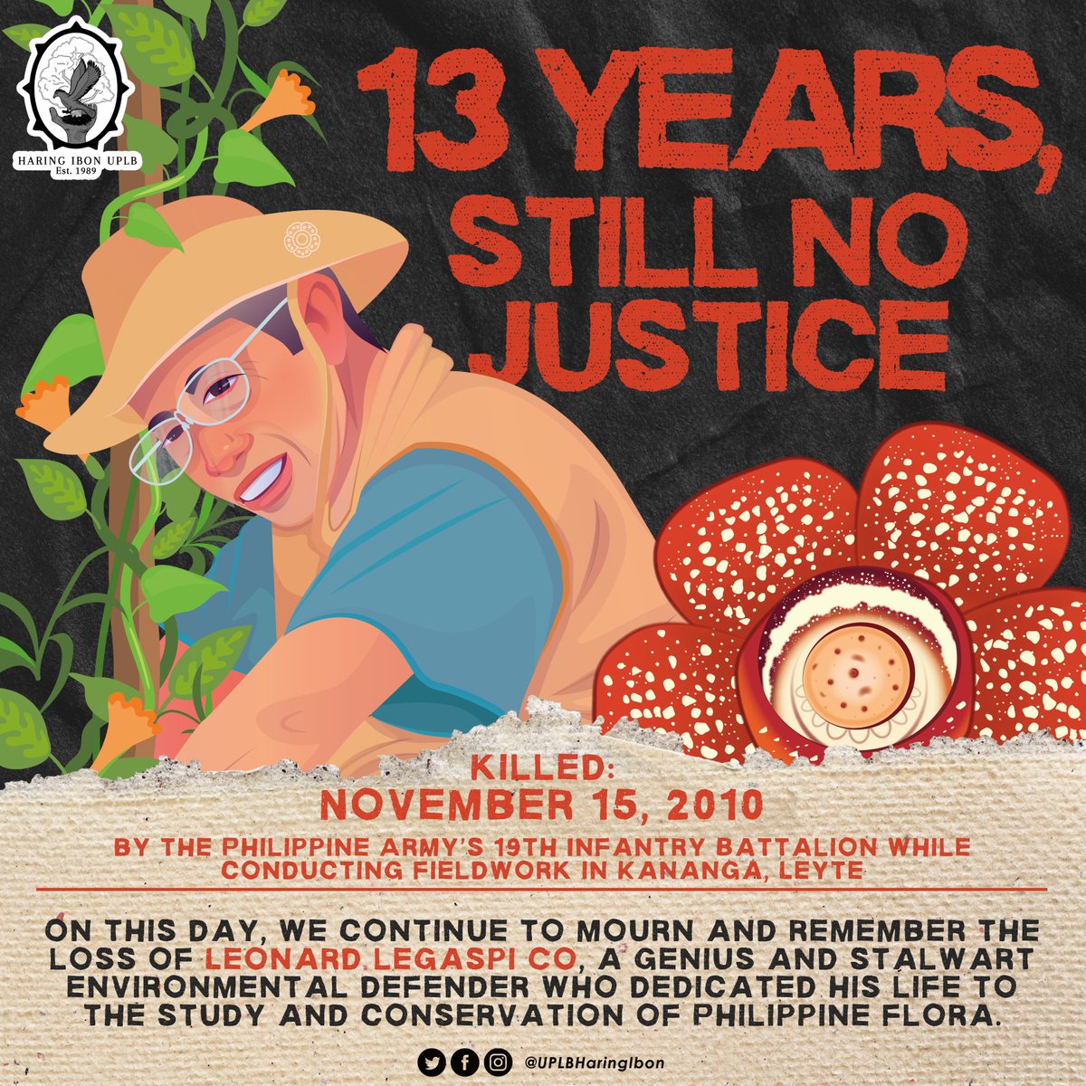 UPLBHaringIbon's tweet photo. 13 long years have passed since Filipino botanist and conservationist Dr. Leonard Co was senselessly murdered at the hands of the Philippine Army’s 19th Infantry Battalion, but justice still falls on deaf ears. https://t.co/M47u7OcT0O
